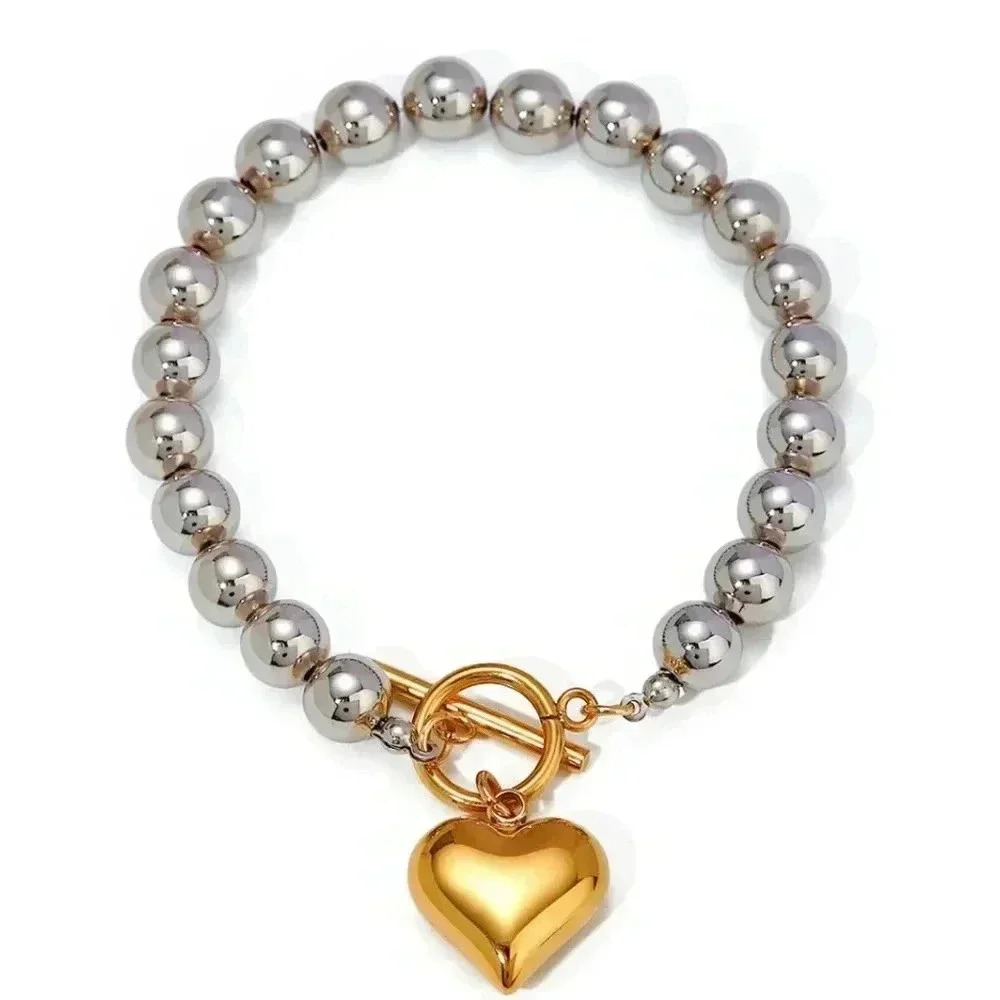 *NEW* 18K Gold Plated Stainless Steel Two Tone Toggle Bracelet & Heart Pendant - Picture 4 of 9